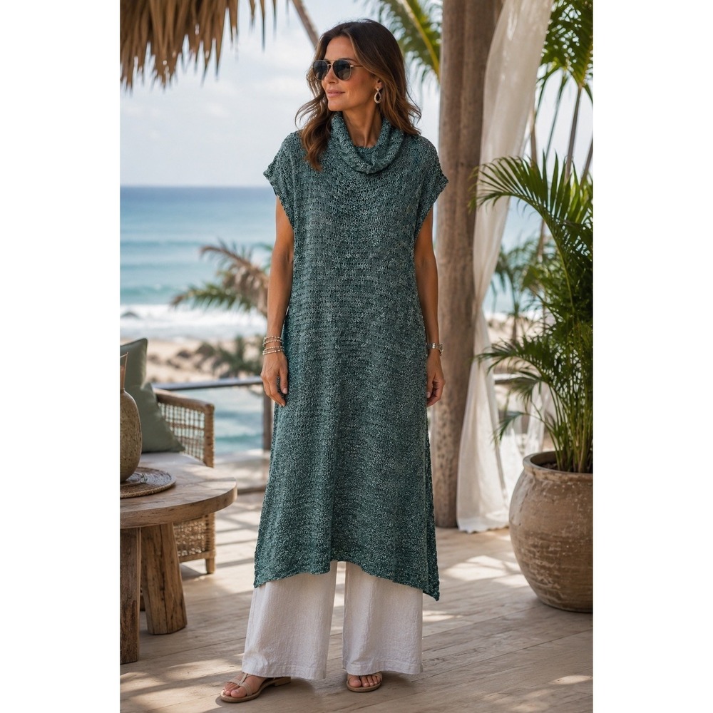 Boho Coastal Crochet Knit Poncho Cape Wrap Green Open Sides Layer Coverup OS